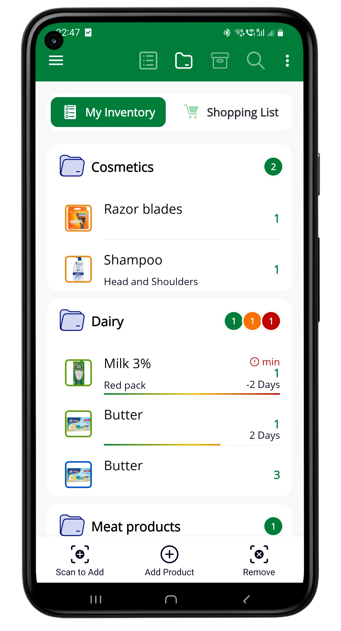 Home inventory app: My Inventory list with expiry dates