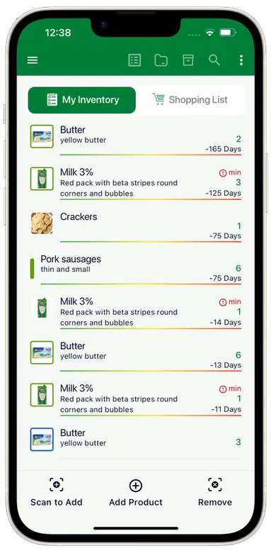 Home inventory app on iPhone: My Inventory list with expiry days
